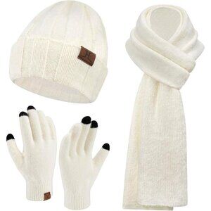 Women's White Warm Knit Beanie Hat Touchscreen Gloves Long Neck Scarf Set